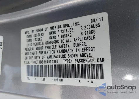 2017 Honda Accord Ex-L z USA, uszkodzony, nr VIN 1HGCT1B83HA010395